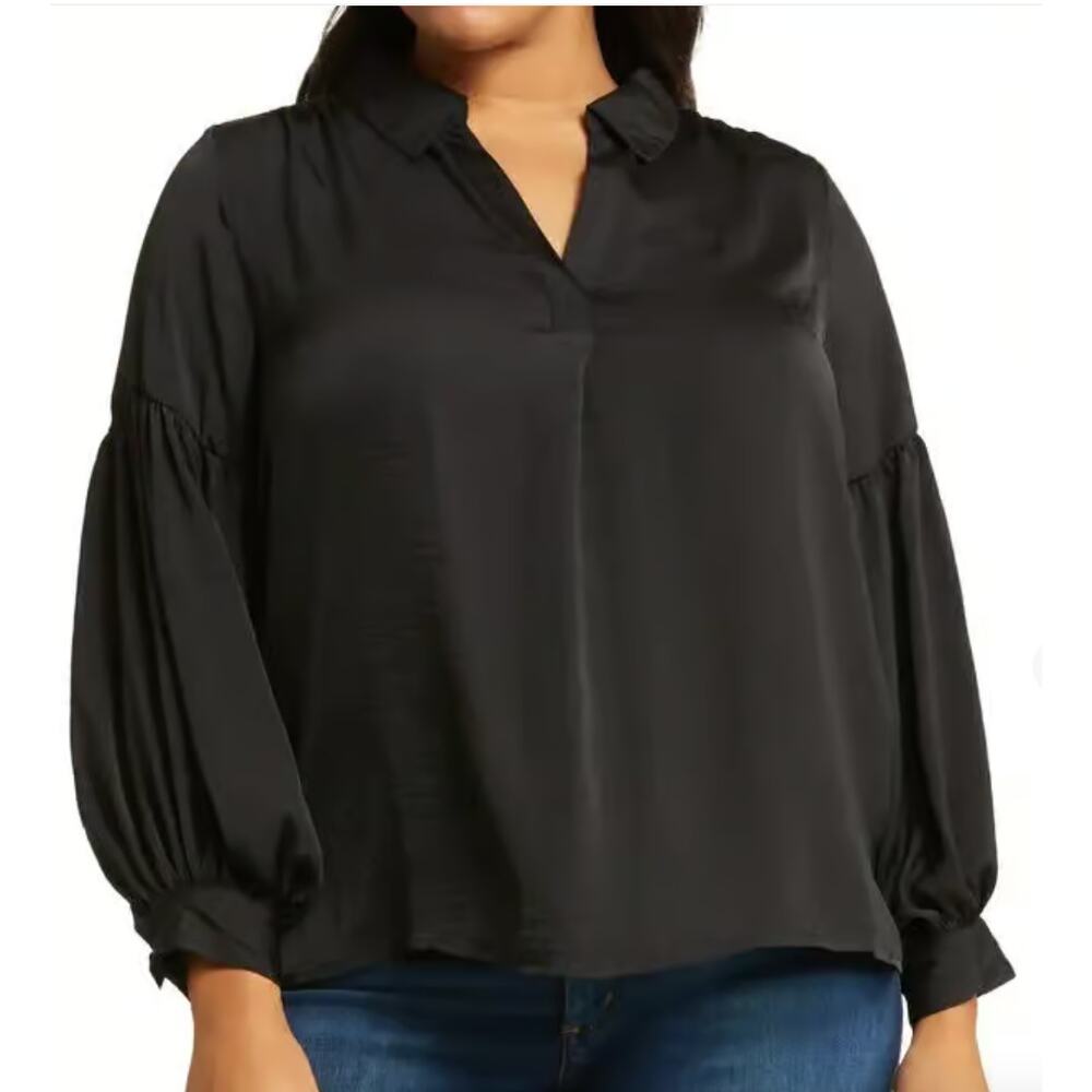 Vince Camuto Split Neck Balloon Sleeve Satin Tunic Top | Plus 3X, Black NEW - Picture 2 of 7